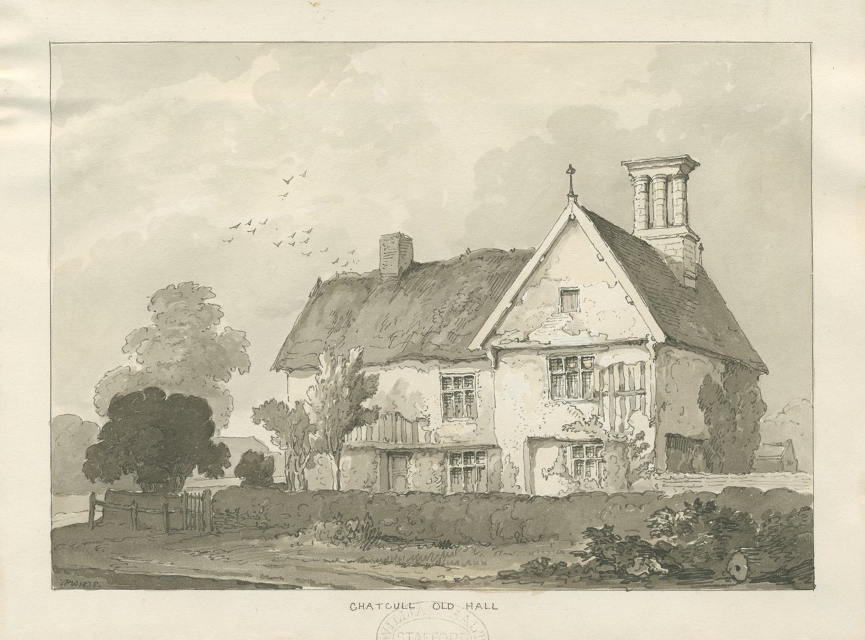 Chatcull Old Hall: pen og vask tegning af School English