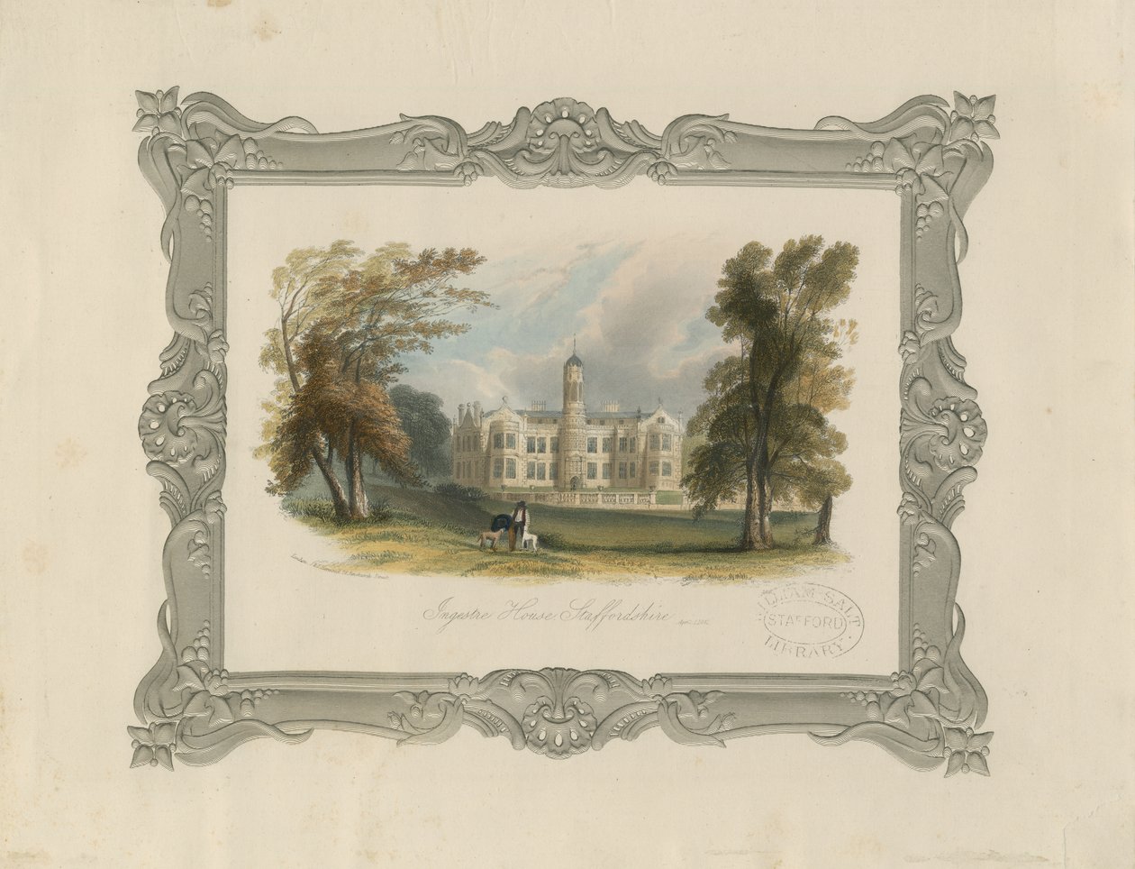 Ingestre Hall: stålgravering (håndfarvet) af School English