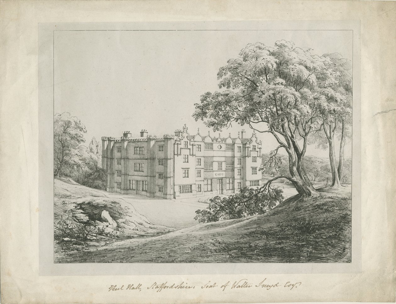 Keele Hall: litografi og [?1700-tallet] (tryk) af School English