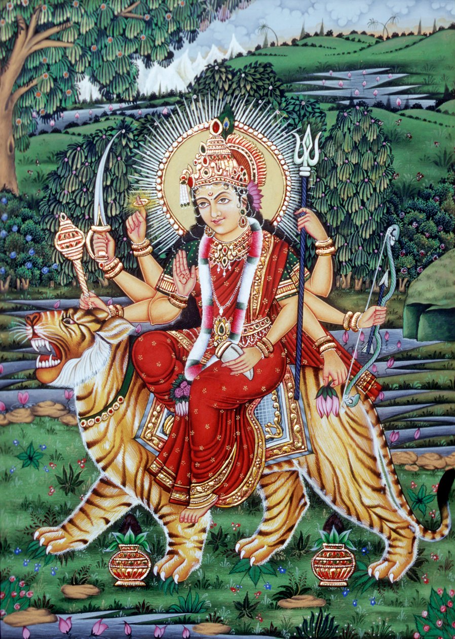 Miniaturemaleri af gudinden Durga af School Indian