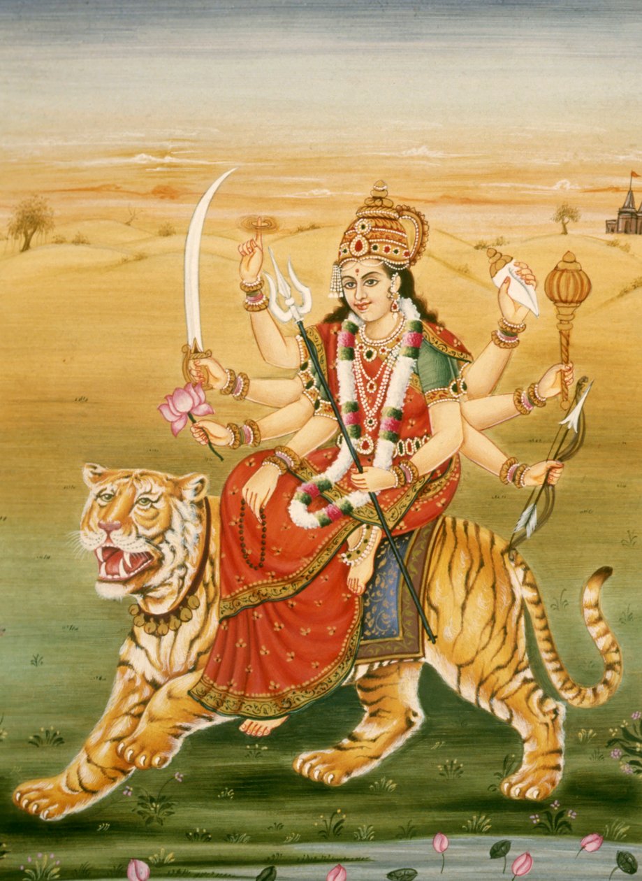 Gudinden Durga Miniaturemaleri på papir af School Indian