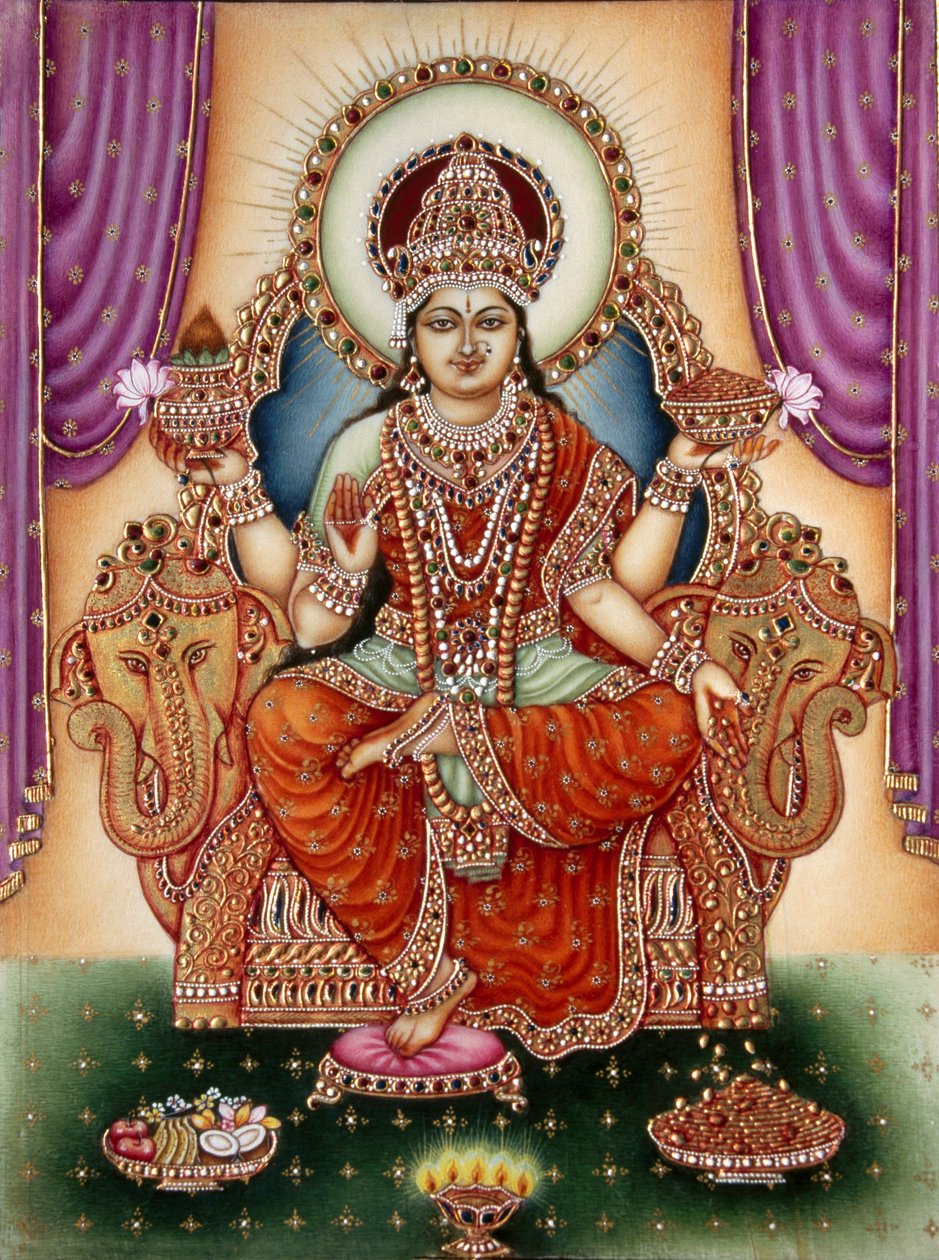 Gudinde Lakshmi Miniaturemaleri på elfenben af School Indian