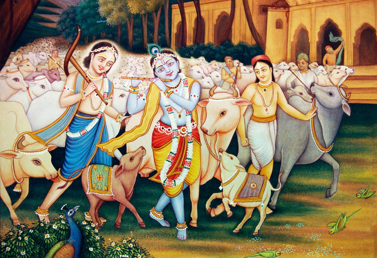 Krishna og Balram med Gopal Miniaturemaleri af School Indian