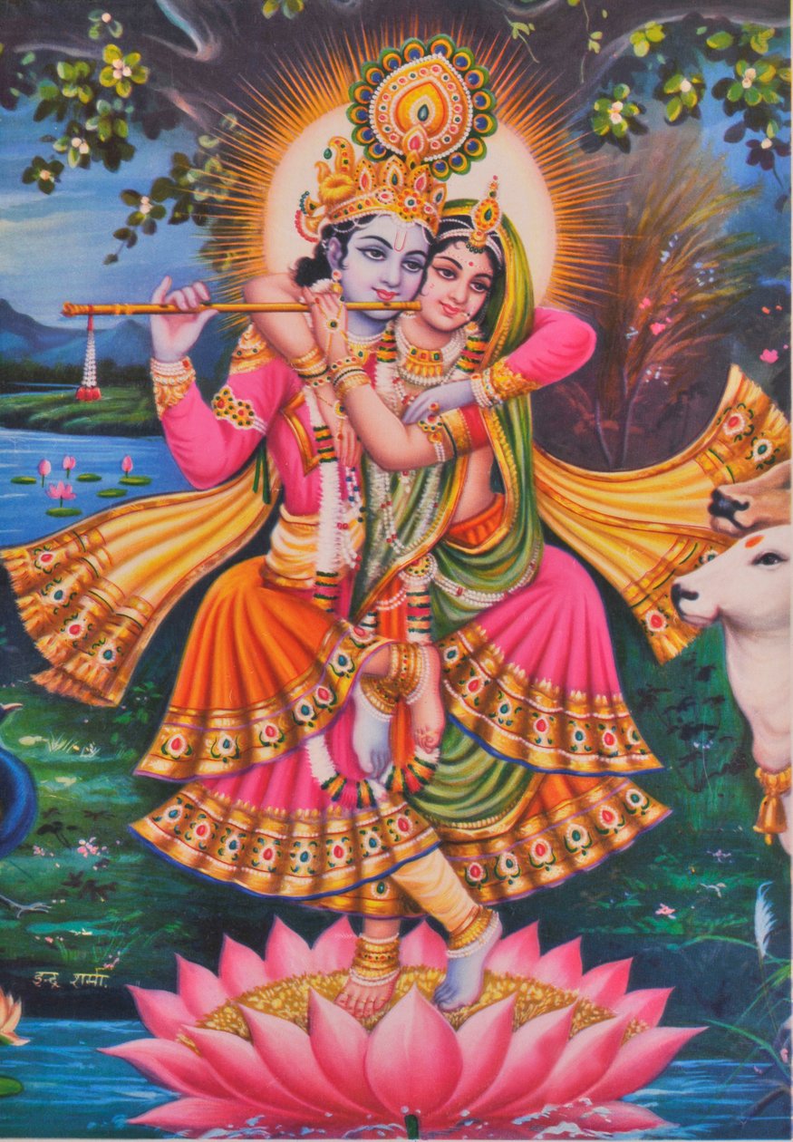 Krishna og Radha (farvelitografi) af School Indian