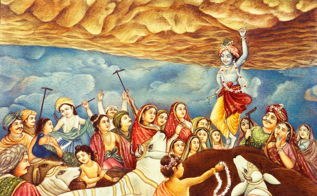 Lord Krishna løfter bjerg-miniaturemaleri af School Indian