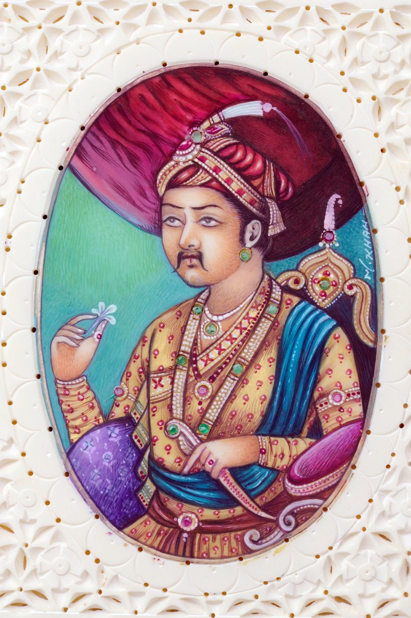 Miniaturemaleri af mogulkejseren Akbar af School Indian