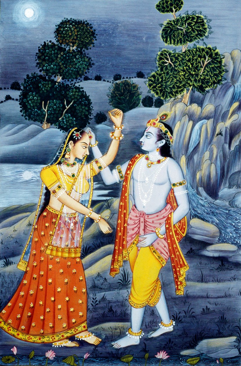 Miniaturemalerier af Radha Krishna af School Indian
