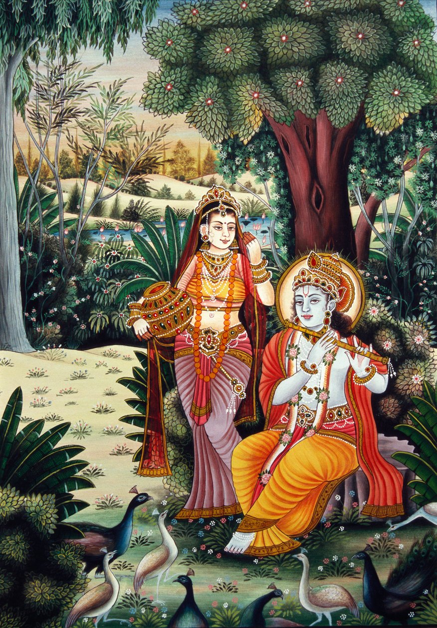 Radha Krishna Miniaturemaleri på papir af School Indian