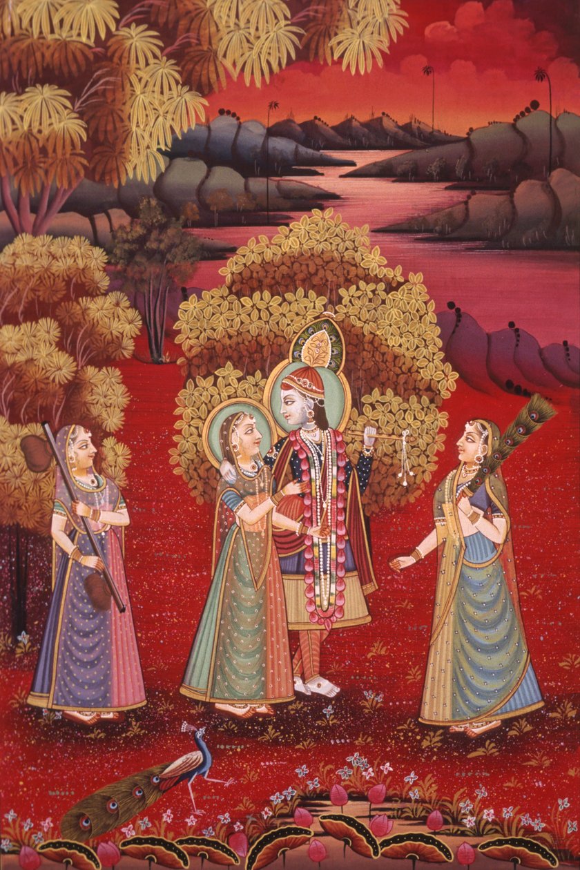 Radha Krishna-miniaturemaleri på silke af School Indian