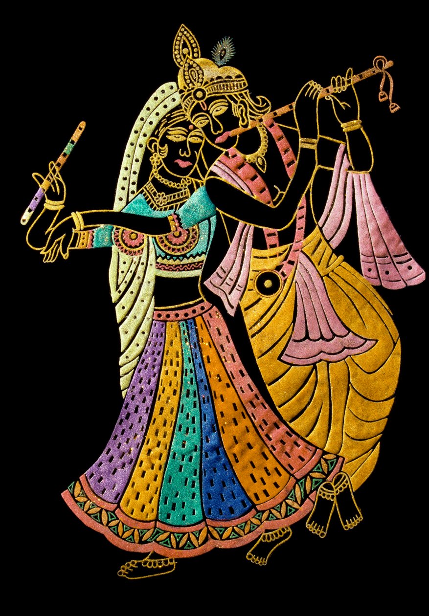 Radha Krishna-miniaturemaleri på fløjl af School Indian