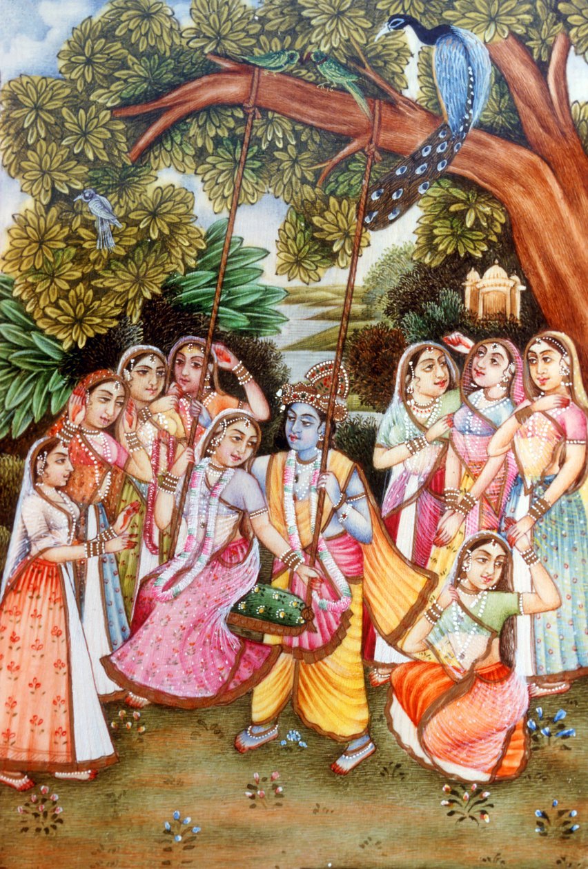 Radha Krishna-miniaturemalerier af School Indian