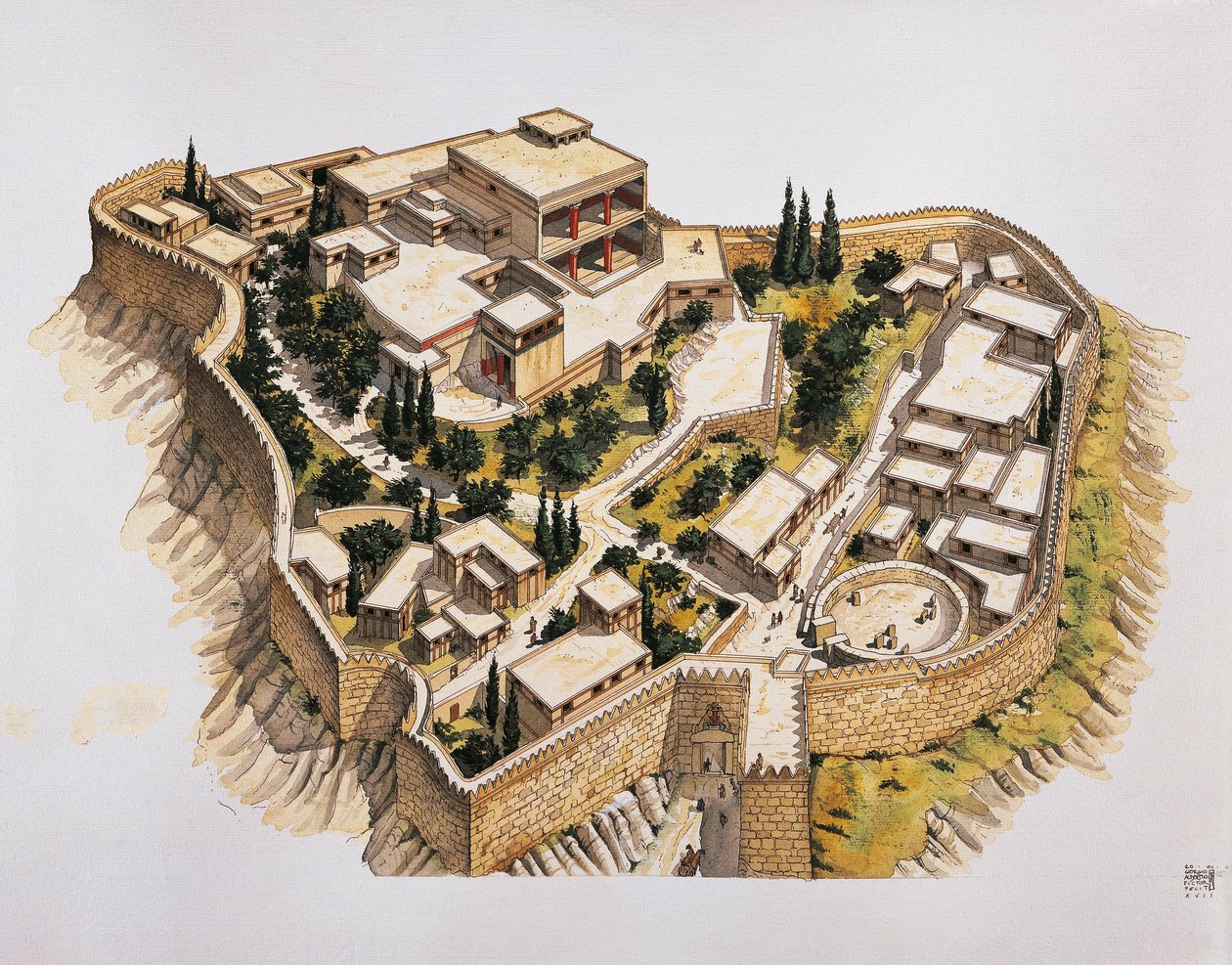 Rekonstruktion af det gamle Mykene (farve litho) af School Italian