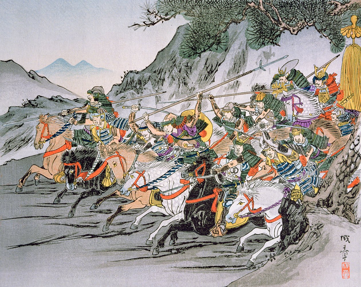 Slaget ved Shizugatake Pass 1583 (farve litho) af School Japanese