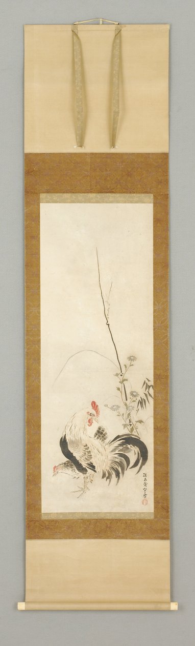 Kakemono, hane og høne m/blomster af Japanese School