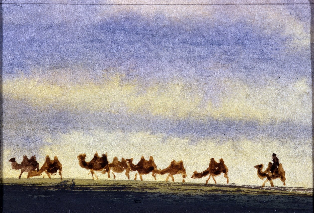 Kamelbesætning, Mongoliet - Mongolsk akvarel af School Mongolian