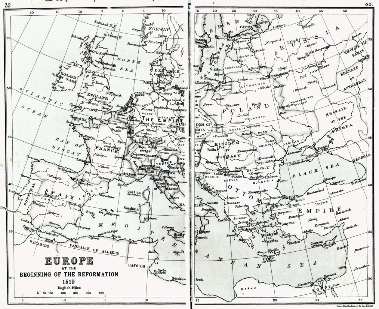 Europa i 1519, ved begyndelsen af reformationen, pub. af John Bartholomew and Co., Edinburgh af Scottish School
