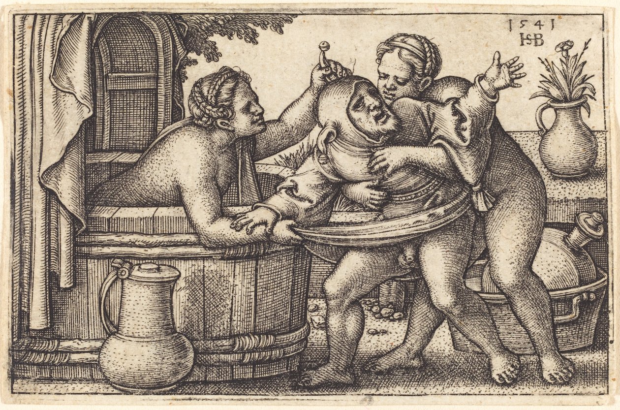 Klovn og to kvinder bader af Sebald Beham