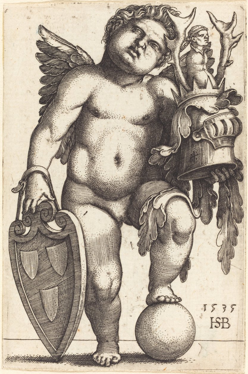 Kvindelig geni holder et våbenskjold af Sebald Beham