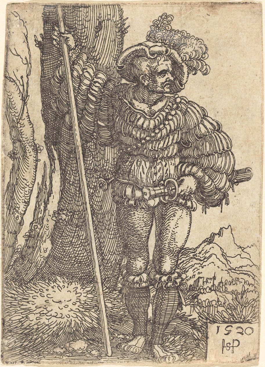 Fodsoldat stående ved et træ af Sebald Beham