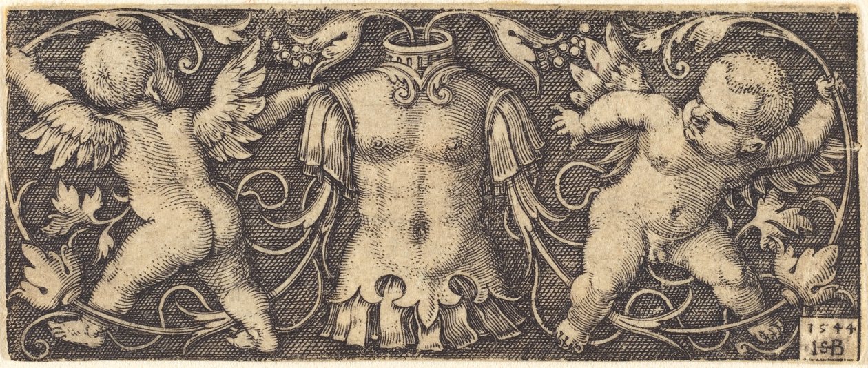 Ornament med rustning og to Genii af Sebald Beham
