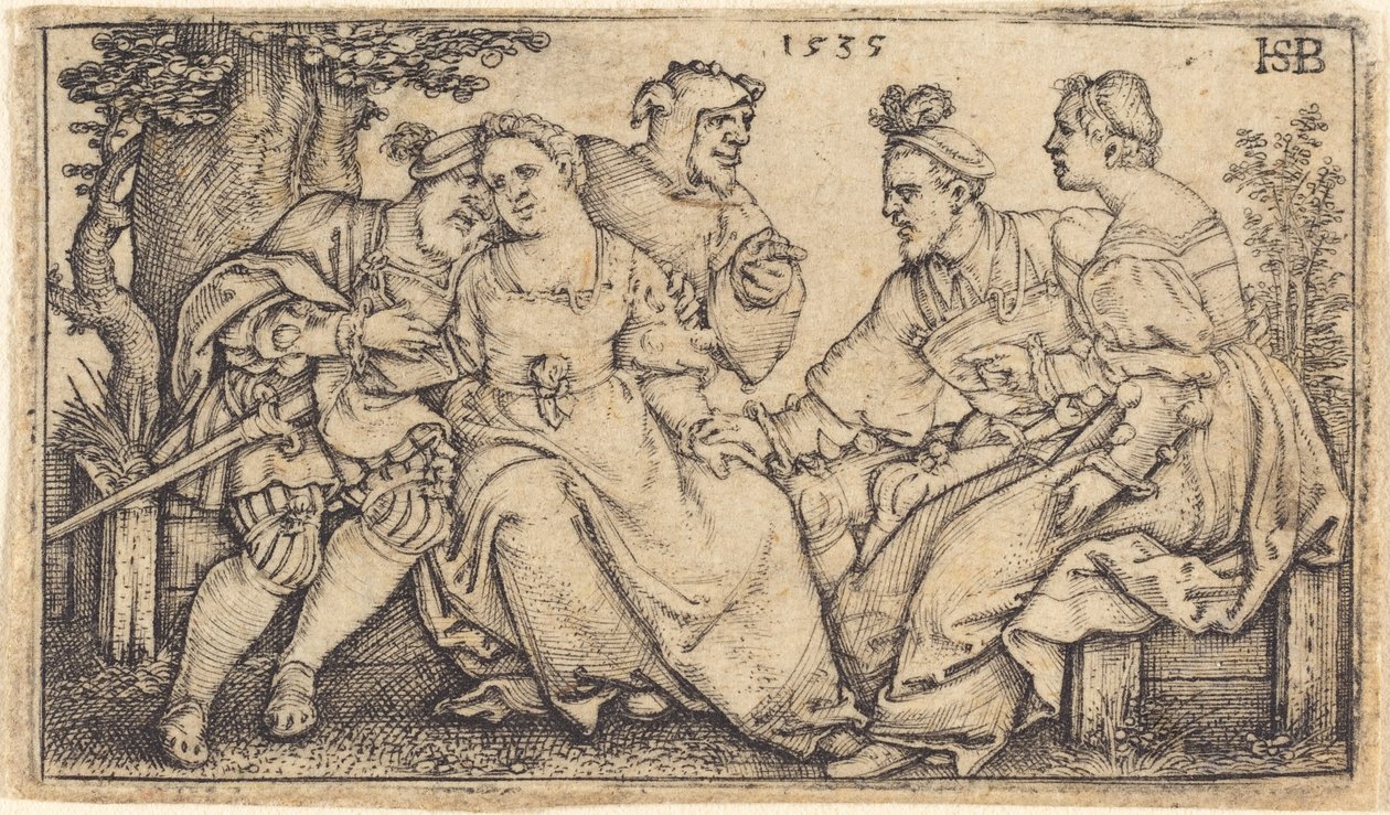 To kærlige par med klovn af Sebald Beham