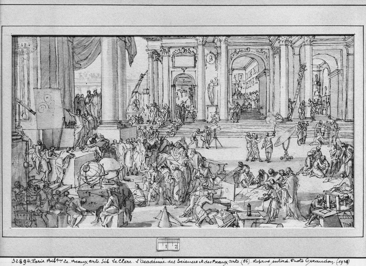 Akademiet for Videnskaber og Fine Kunster (pen og blæk og vask på papir) af Sebastien I Le Clerc