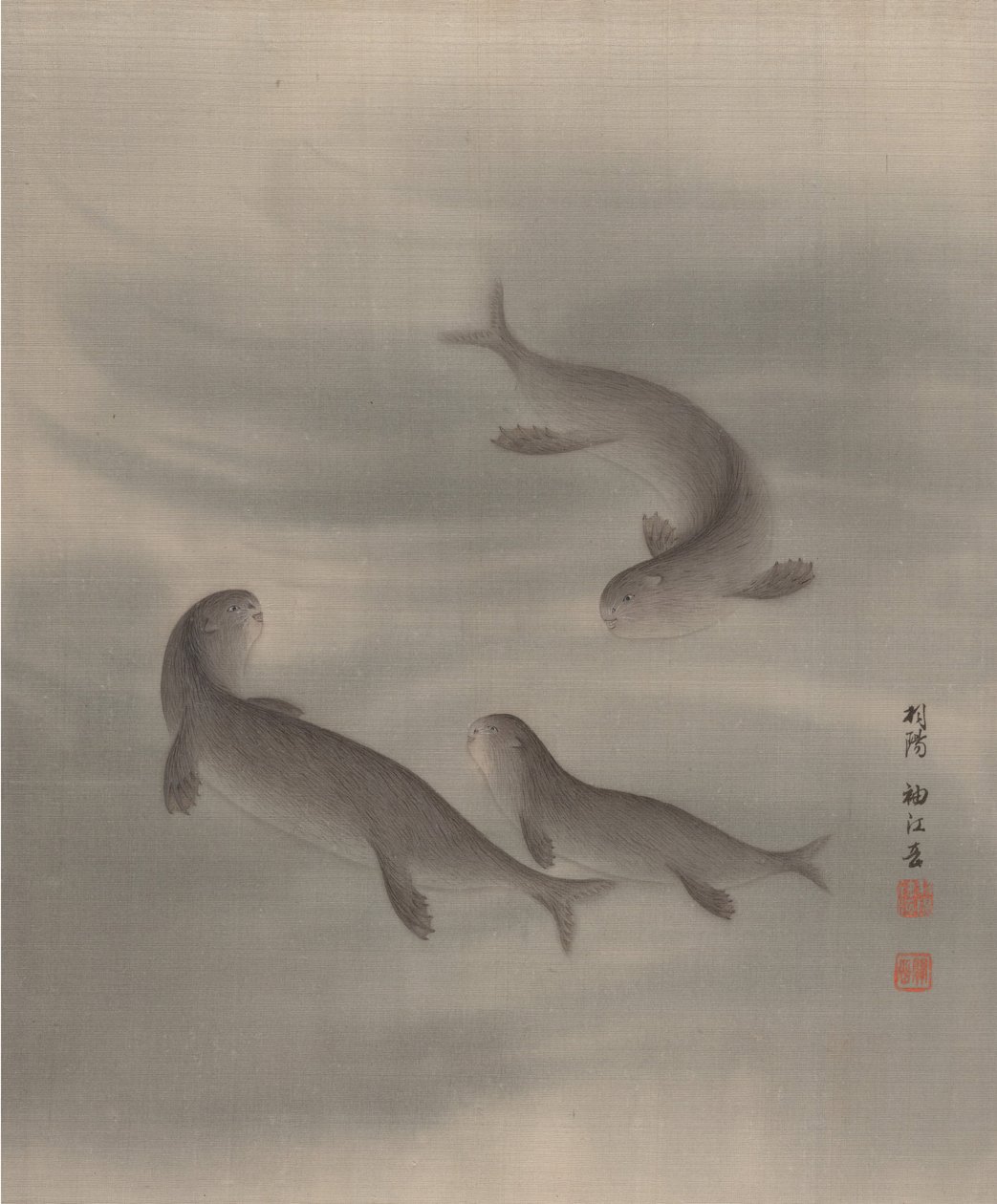 Ottere Svømning, ca. 1890-92. af Seki Shuko