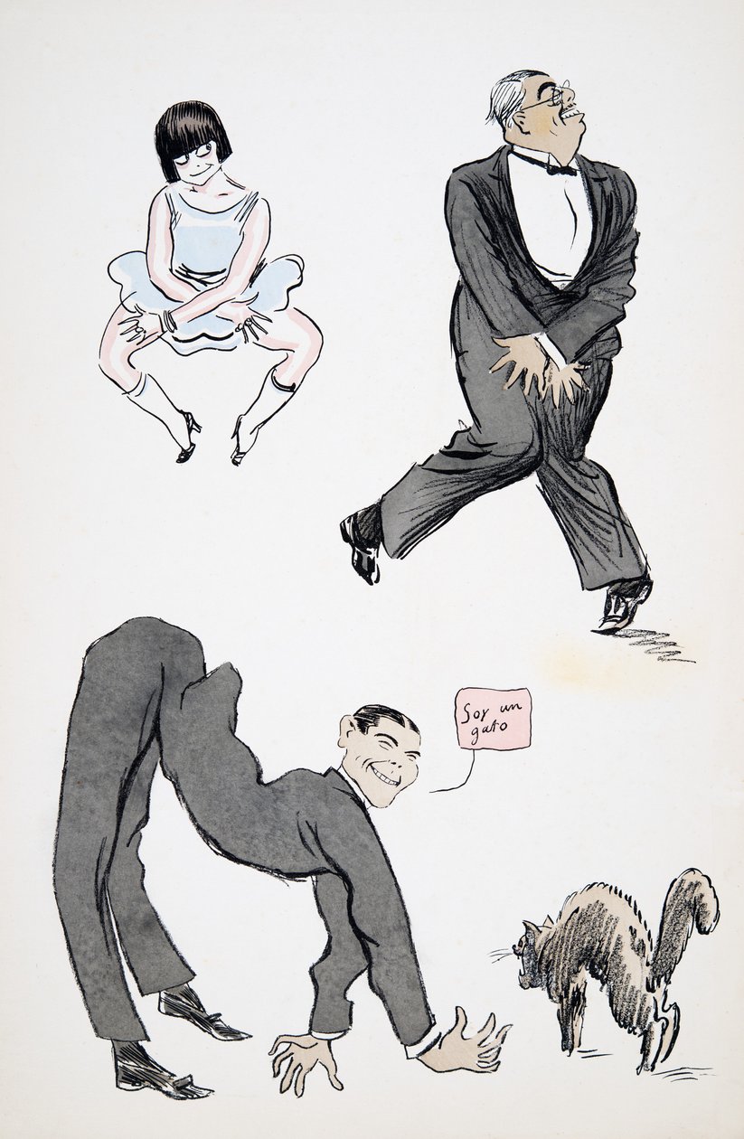 Demonstration af forskellige moderne benbevægelser til musikken, fra White Bottoms, pub. 1927 (farvebloktryk) af Sem
