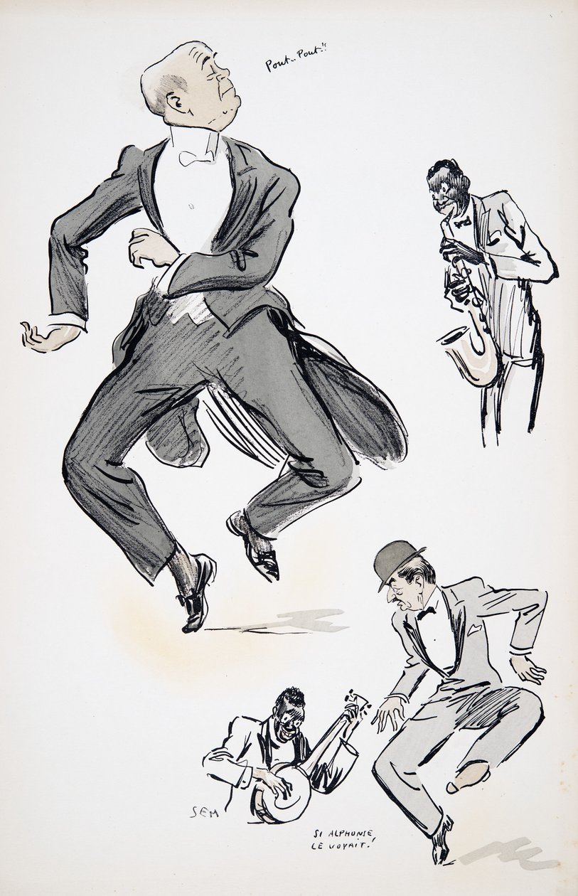 En herre i hvidt slips og en herre med bowlerhat prøver at danse til jazz, som fremført af to musikere, der spiller saxofon og banjo, fra White Bottoms, pub. 1927 (farvebloktryk) af Sem