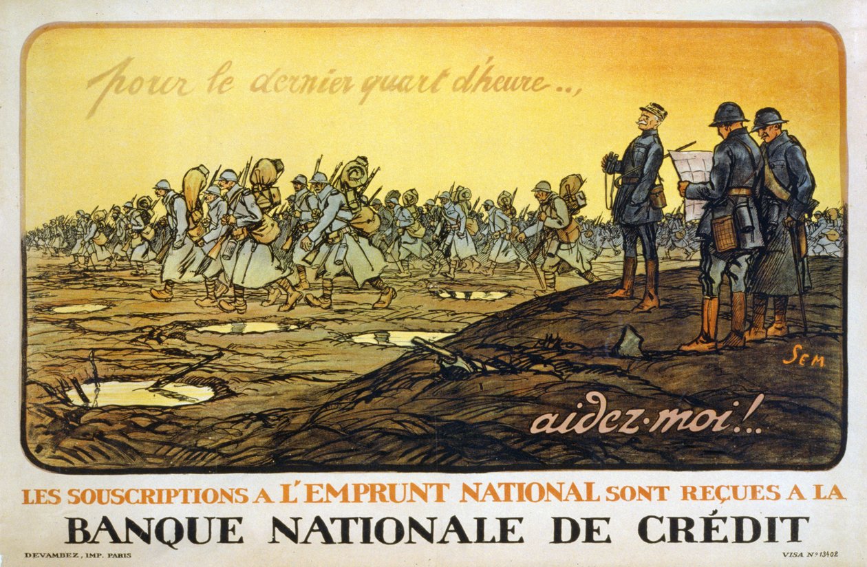 I det sidste kvarter.. hjælp mig! Nationale lånetegninger modtages i National Credit Bank, pub. Paris, ca. 1914 af Sem