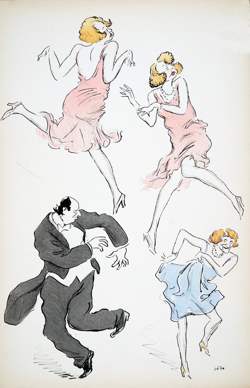 Tre illustrationer af transvestitter i blå og lyserøde kjoler, der danser med en større herre i hvidt slips og halterneck, fra White Bottoms, pub. 1927 (farvebloktryk) af Sem