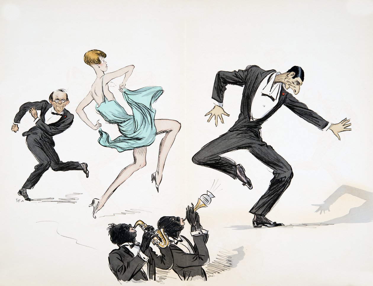 To mænd i sort slips og en kvinde i lyseblå kjole danser til to musikere, der spiller jazz på messinginstrumenter, fra White Bottoms, pub. 1927 (farvebloktryk) af Sem