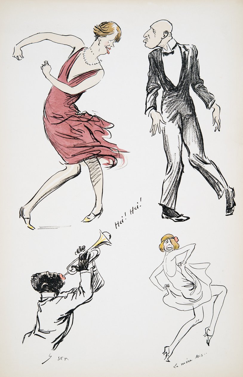 To transvestitter og en mand i sort slips danser til en saxofon, fra White Bottoms, pub. 1927 (farvebloktryk) af Sem