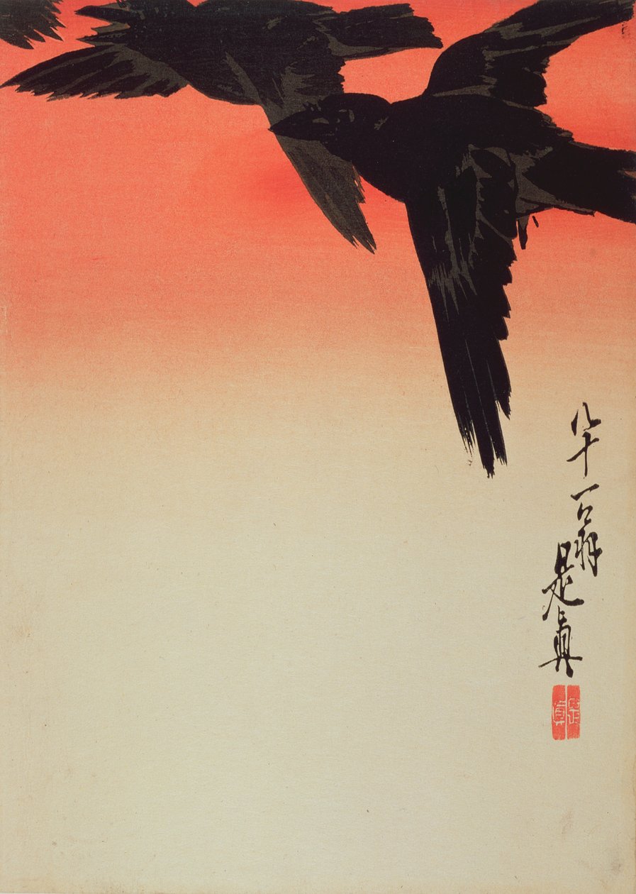 Krager på flugt ved solopgang, 1888 (farvetryk i træsnit) af Shibata Zeshin