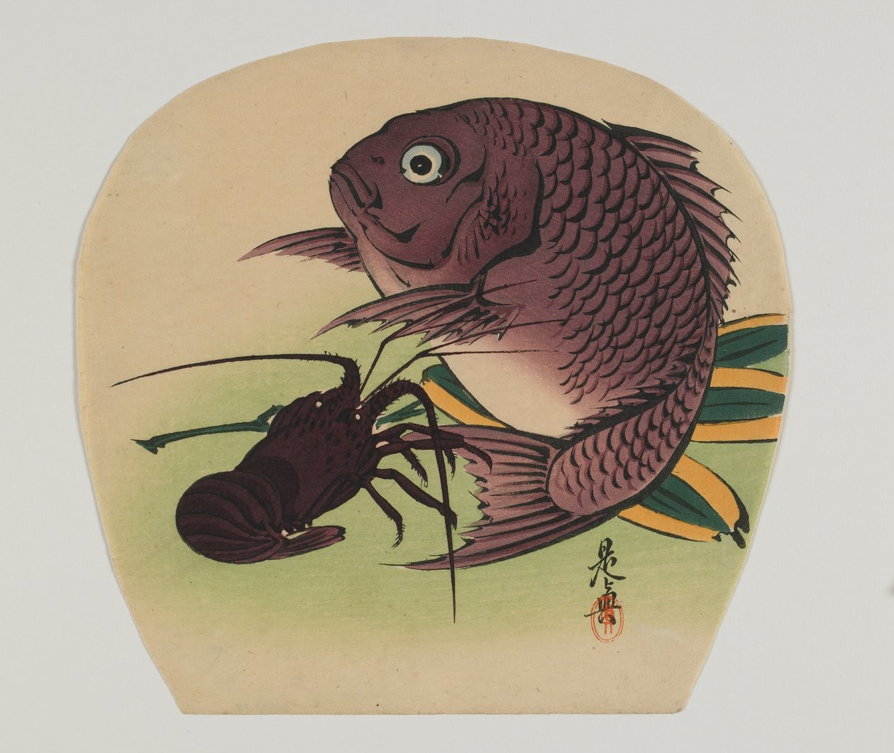 Udskriv til en uchiwa; karper og hummer, Meiji-æra, slutningen af det 19. århundrede; af Shibata Zeshin