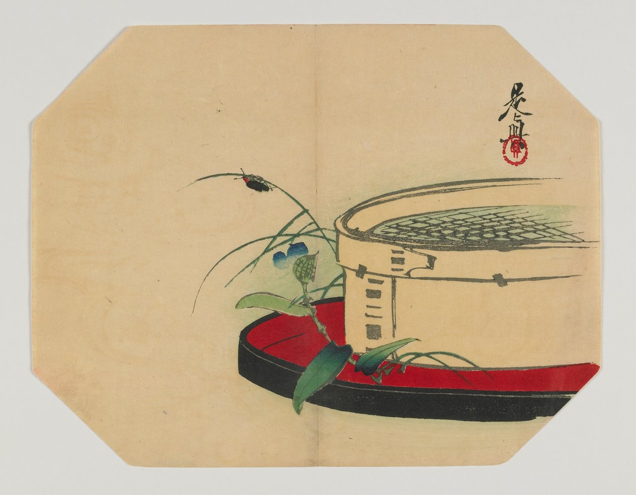 Udskriv til en uchiwa; ildflue på blomstrende plante, med bambussigte, Meiji-æra, slutningen af det 19. århundrede (træbloktryk i farver) af Shibata Zeshin