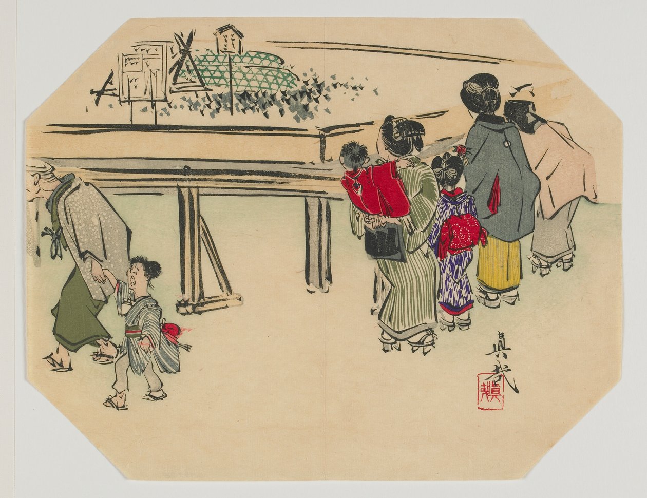 Tryk til en uchiwa, kvinder og børn, Meiji-æra, slutningen af det 19. århundrede (træblok i farver) af Shibata Zeshin