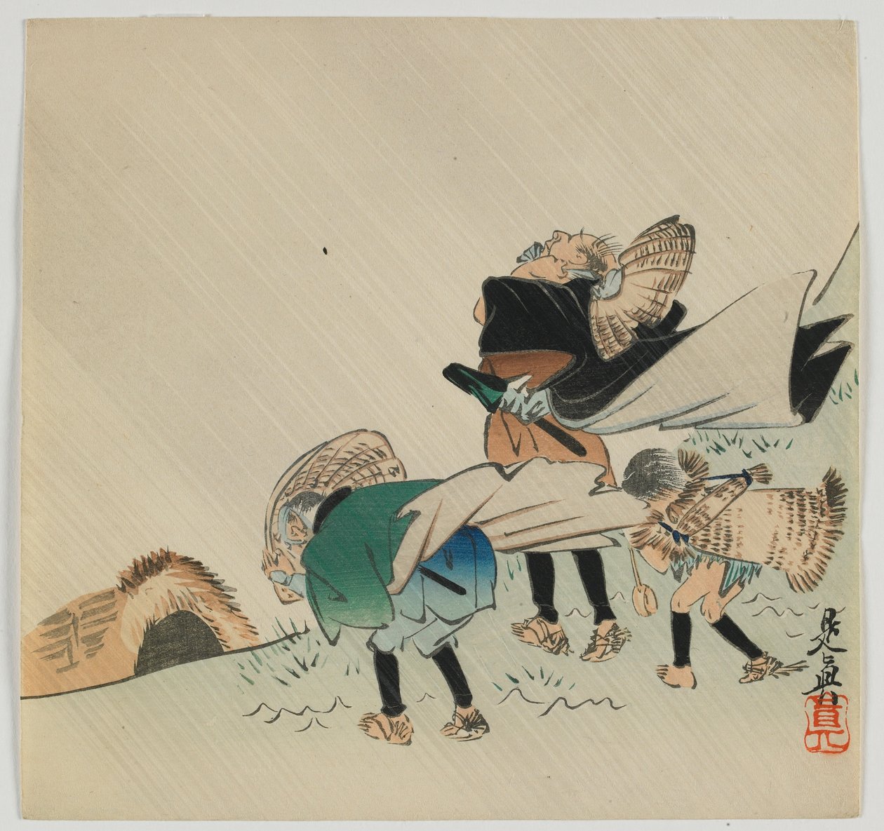 Tre rejsende fanget i vinden, Meiji-æraen, slutningen af det 19. århundrede (træbloktryk i farver) af Shibata Zeshin