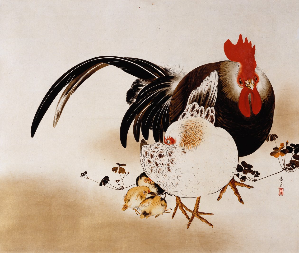 Hane, høne og kyllinger, 1892 af Shibata Zeshin