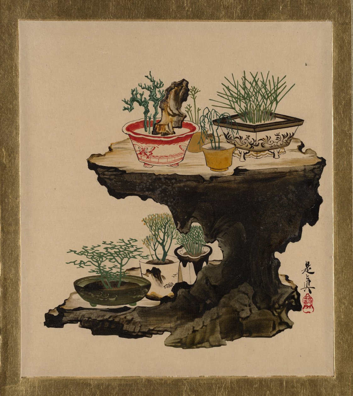 Lakmalerier af forskellige emner: Bonsai, 1882. af Shibata Zeshin