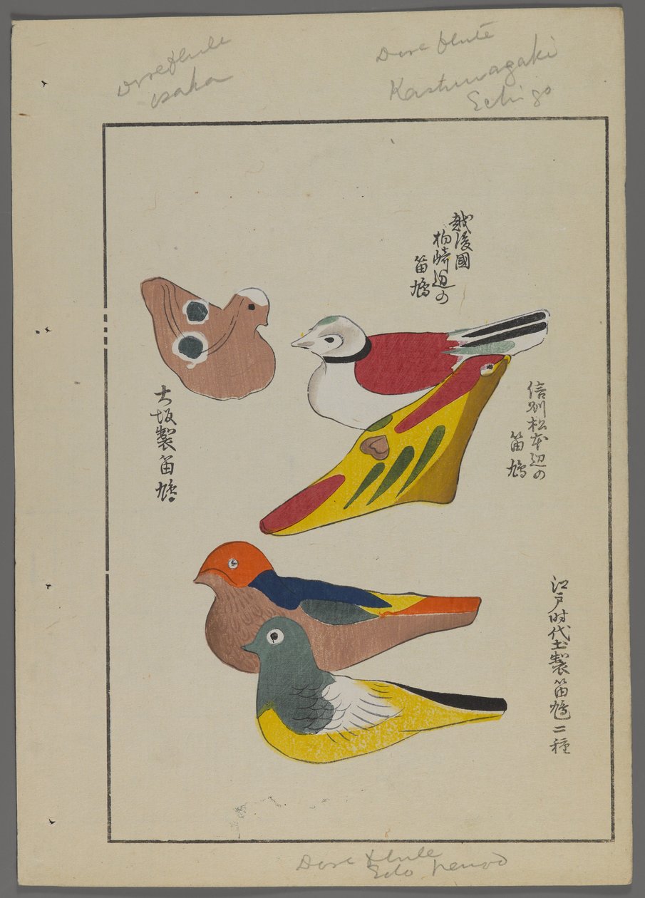 Japansk legetøj, fra Unai no tomo (A Childs Friends) af Shimizu Seifu, 1891-1923. Fuglefløjter. af Shimizu Seifu