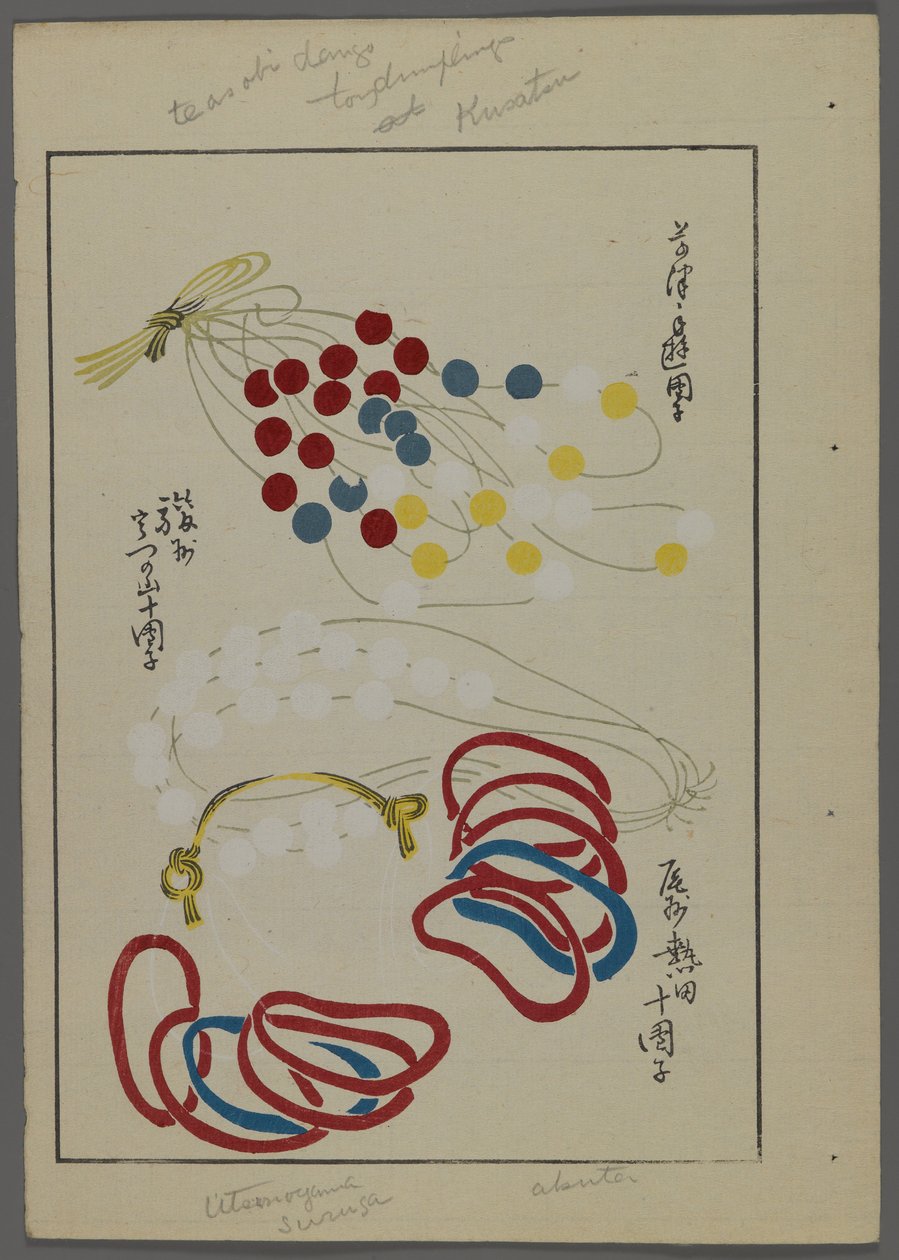 Japansk legetøj, fra Unai no tomo (A Childs Friends) af Shimizu Seifu, 1891-1923. Snor, løkker, perler. af Shimizu Seifu