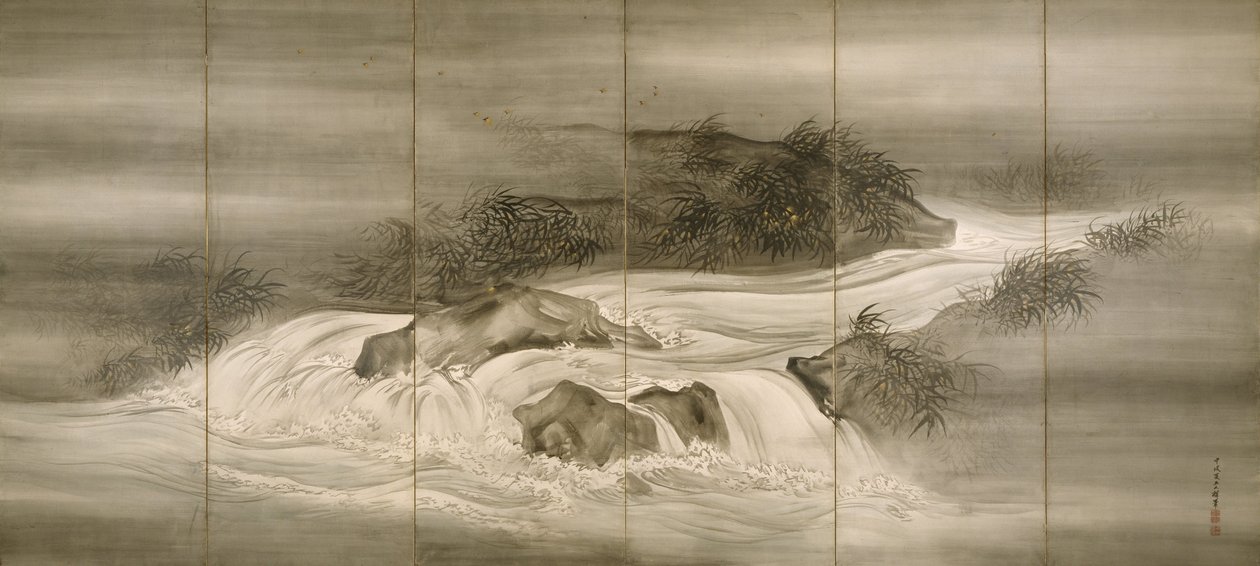 Flodlandskab med ildfluer, 1874 af Shiokawa Bunrin