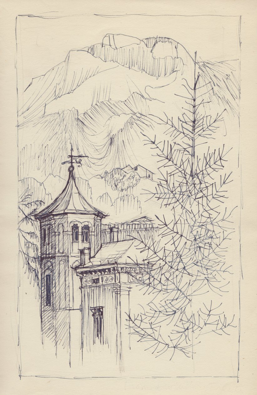 Kirke og bjerge, Italien, c1950. af Shirley Markham