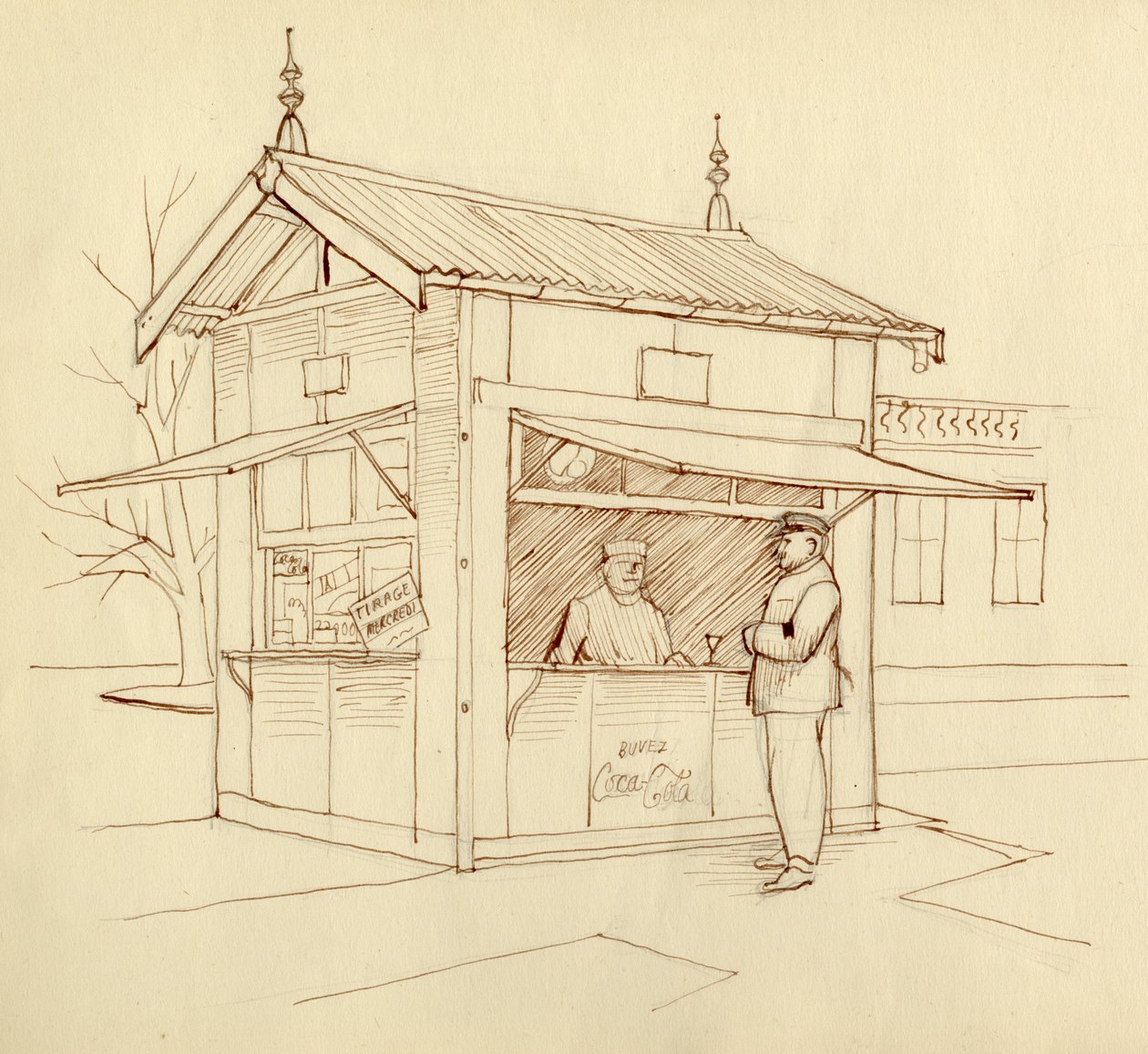 Kiosk sælger drikkevarer, Paris, Frankrig, c1951. af Shirley Markham