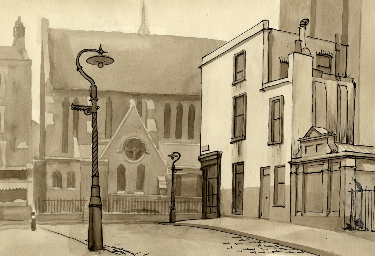 Lygtepæl og kirke, c1951. af Shirley Markham