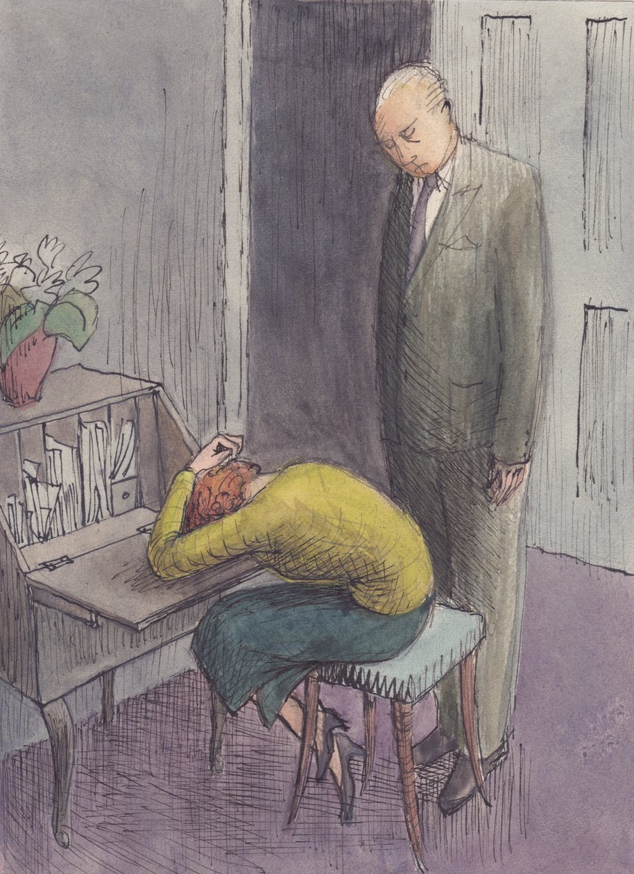 Mand stående over en hukende kvinde, 1952. af Shirley Markham