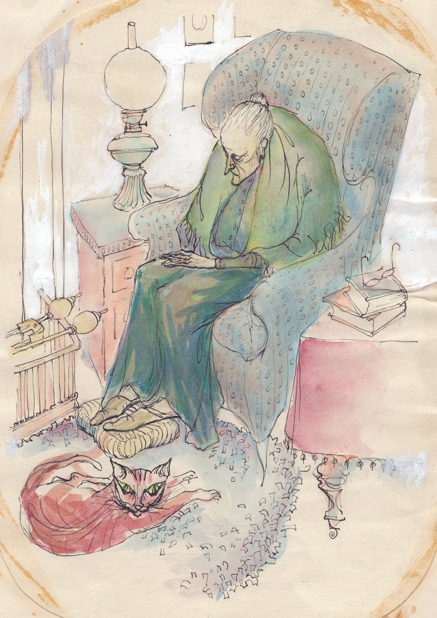 Gammel kvinde og kat, 1951. af Shirley Markham