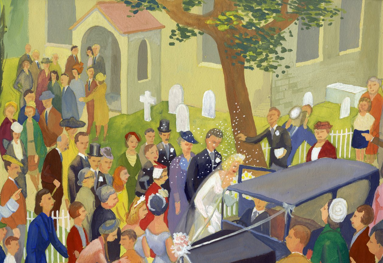 Bryllupsgruppe på kirkegården, c1948. af Shirley Markham