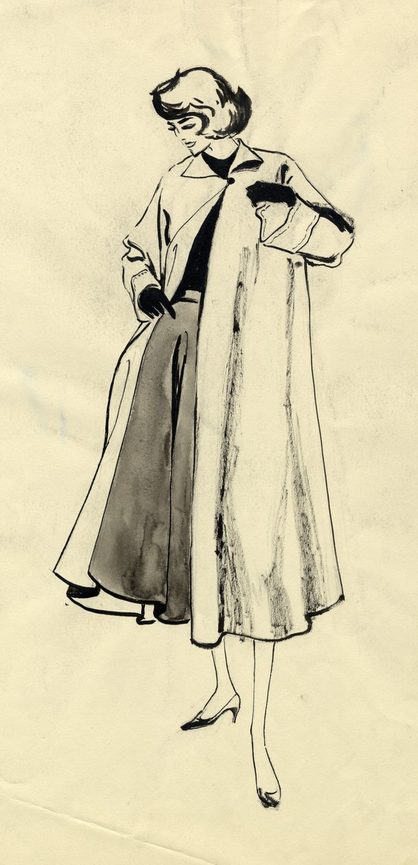 Kvinde i frakke og hel nederdel, c1950. af Shirley Markham